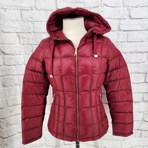 Calvin Klein Packable Puffer Jacket Duck Down Feather Hood Red Zip Up *Flaws XSP